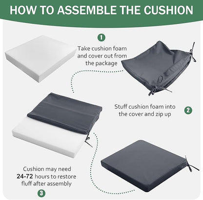 Outdoor Chair Cushions Set of 2: Waterproof & Fade Resistant Deep Seat Cushion for Patio Furniture - 24 x 24 Inch Chair Pads with Ties and Hidden Zipper - Patio Chair Cushion Replacement, Dark Grey