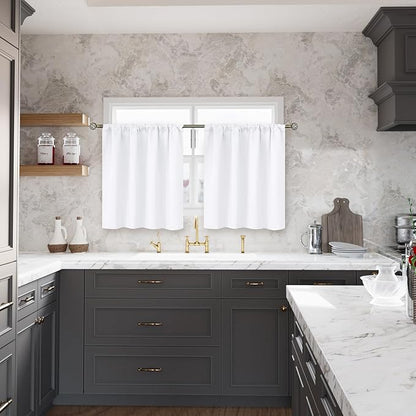 BGment Pure White Cafe Curtains 36 Inch Length for Over Sink - Small Half Drapes with Rod Pocket Privacy for Bathroom Kitchen Windows, 2 Panels, 29 x 36 Inch