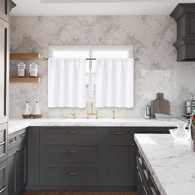 BGment White Cafe Curtains 36 Inches Length for Window Over Sink, Short Half Drapes with Rod Pocket Privacy for Bathroom Kitchen Windows, 2 Panels, 34 x 36 Inch