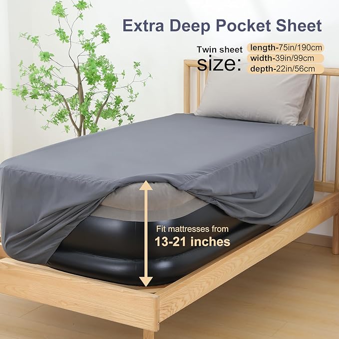 Lewondr Extra Deep Pocket Twin Sheet for Air Mattress, Twin Sheets Deep Pocket Bed Sheet with All-Round Rubber Band, Sanded Fabric Mattress Sheet and Enveloped Opening, Fit with 13-21 in, Bed Sheet