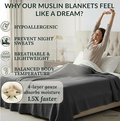 Cloud Scape Linen 4 Layer Oversized Muslin Blanket King Size - 100% Cotton, Lightweight & Breathable All Season Blanket for Bed, fits California King, 92x108, Dark Grey
