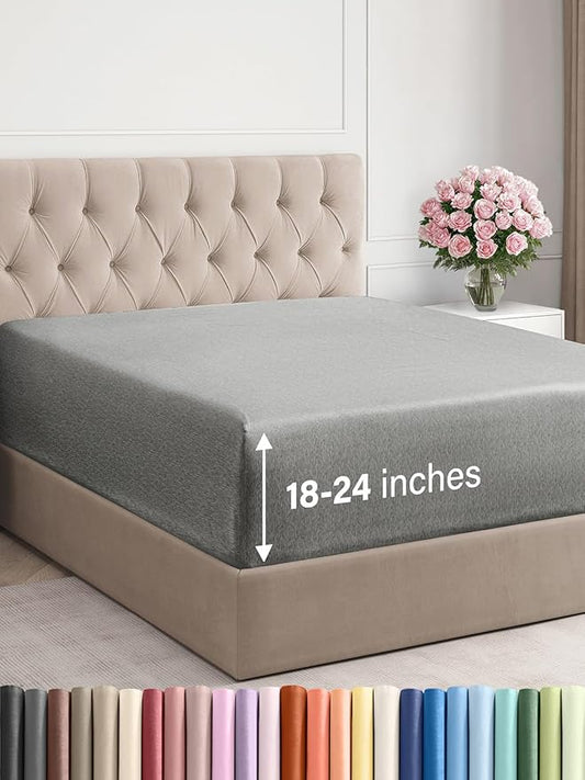 Extra Deep Queen Fitted Sheet - Hotel Luxury Single Fitted Sheet Only - Easily Fits 18 inch to 24 inch Mattress - Ultra Soft, Wrinkle Free w/Extra Deep Pockets - Breathable & Comfy - Heathered Grey