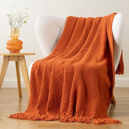 BATTILO HOME Burnt Orange Throw Blanket for Couch, Knit Fall Decor Blanket Versatile for Chair, Decorative Halloween Blanket with Tassels for Twin Bed, 60" x 80"