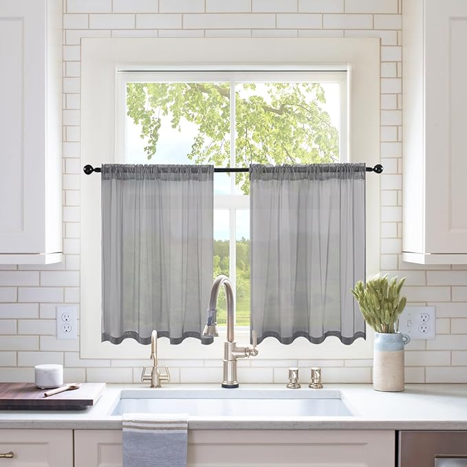 MIULEE 2 Panels Kitchen Tiers Half Window Sheer Curtains Rod Pocket Voile Drapes for Kitchen Bathroom Small Windows 29 by 36 Inch Charcoal Grey