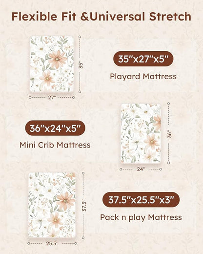 Pack and Play Sheets Fitted 3 Pack, Mini Crib Sheets for Pack N Play Mattress Stretchy Portable Playard Sheets, Soft Breathable Orange Flowers & Plaid