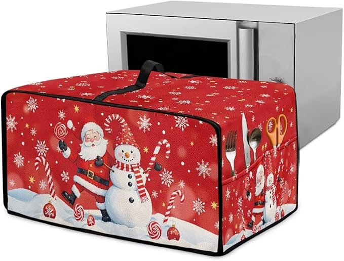 Christmas Toaster Oven Dust Cover Dustproof Smart Oven Air Fryer Microwave Cover with Side Pockets, Electric Appliance Protector for Kitchen, S, Santa Claus Snowman Candy Cane Red
