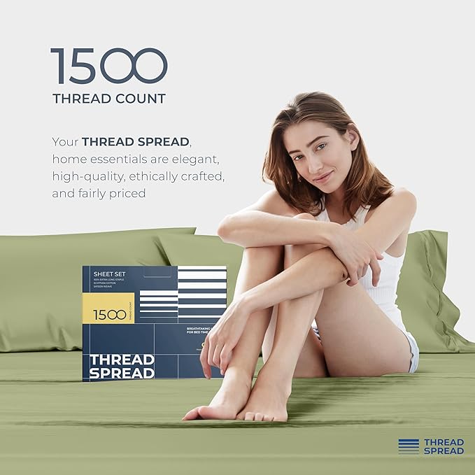 THREAD SPREAD 100% Egyptian Cotton Sheets California King Size Bed Set - 4 PC 1500 Luxury High Thread Count Sage Green Cal King Bed Sheets, Silky Soft, Cooling, Sateen, 17" Deep Pocket Bedsheet Set