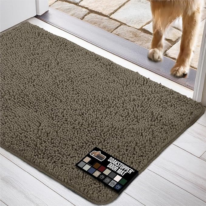 GORILLA GRIP SOAKSTOPPER Dog Door Mat, Machine Washable Rug Absorbent Doormat Captures Moisture Mud Dirt, Quick Dry Soft Chenille Entryway Rugs Indoor Entrance Mats for Dog Paws, 24x17 Cappuccino
