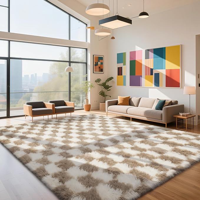 Checkered Rug for Living Room, 9x12 Beige and White Area Rugs, Classic Checkered Carpets Shaggy Area Rug, Bedside Rugs for Living Room Bedroom Kids Room Home Decor