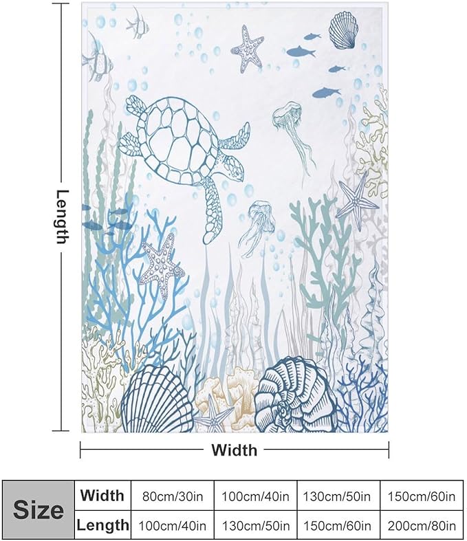 Nautical Turtle Throw Blanket, Coastal Sea Ocean Theme Coral Starfish Seashell Jellyfish Undersea Life Fleece Blanket for Summer Home Bed Sofa Couch Chair, 30"x40"