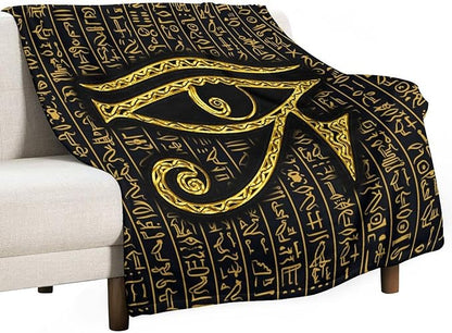 Ancient Egyptian Blanket, Egyptian Eye of Horus Ancient Culture Golden Egyptian Hieroglyphs Alphabet Print Blankets for Couch Sofa Bed Boys Mens, 60"x80"