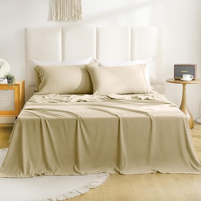 Lightweight Soft King Sheet Set - Luxury 4 Piece Breathable Cooling Sheets for King Size Bed, 16" Deep Pocket Easy Care Wrinkle Free Bedding Sheet and Pillowcase Set, Beige