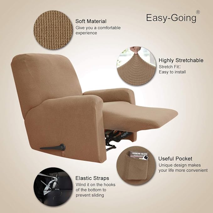 Easy-Going Recliner Stretch Sofa Slipcover Sofa Cover 4-Pieces Furniture Protector Couch Soft with Elastic Bottom Spandex Jacquard Fabric Small Checks(Recliner,Camel) Large