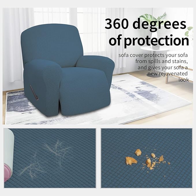 Easy-Going 4 Pieces Oversized Recliner Stretch Sofa Slipcover Sofa Cover Furniture Protector Couch Soft with Elastic Bottom Polyester Spandex Jacquard Fabric Small Checks Bluestone,X-Large