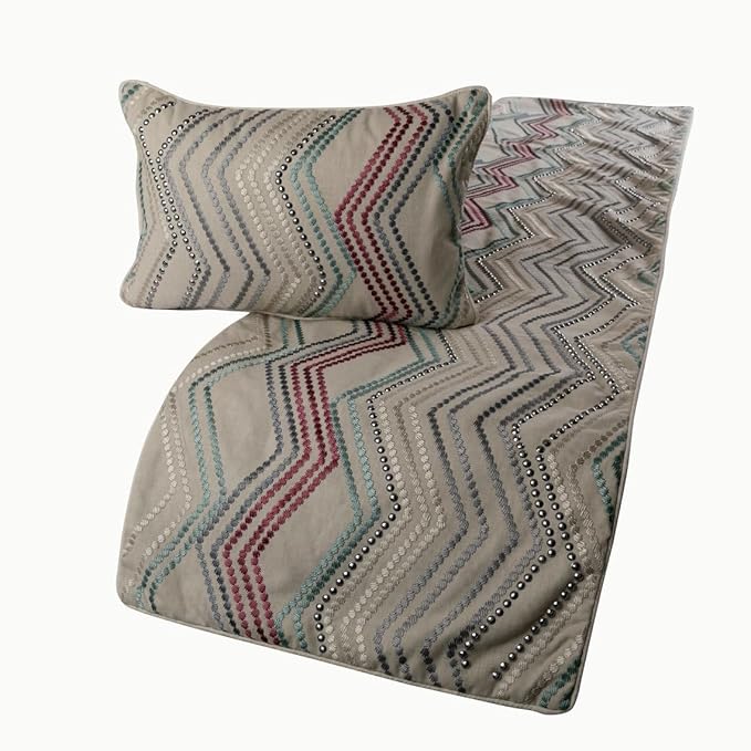 The HomeCentric King Queen Twin Beige Linen Bed Runner & Decorative Throw Pillow Cover, Twin Size 53"x18" Bed Runner & Pillow Cover, Linen & Embroidery, Chevron Modern Pattern - Dotty Chevron