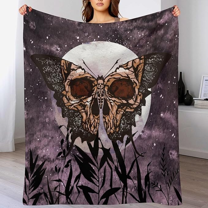 Death Moth Blanket, Boho Gothic Skull Moth Purple Starry Plant Full Moon Mysterious Witchy Throw Blanket for Couch Sofa Office Bed Travelling Bed Throws, 40"x50"