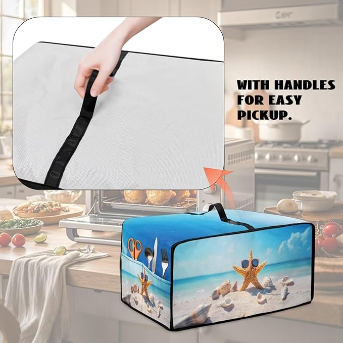 Dust Cover for Microwave Oven Heavy Duty Microwave Oven Cloth Cover with Storage Pockets Foldable Dust-Proof Kitchen Appliance Protector, Starfish Sunglasses Beach Seashell Print, M
