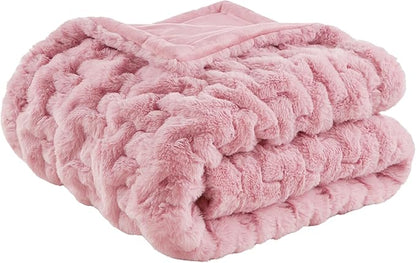 Madison Park Ruched Luxury Throw Premium Soft Cozy Brushed Long Faux Fur for Bed, Couch or Sofa, 50"x60", Pink