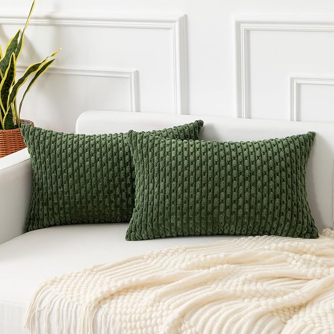 Kevin Textile 12x24 Inch Pillow Cover 1 Pack Boho Decorative Soft Striped Corduroy Lumbar Farmhouse Solid Color Accent Rectangle Cushion Case for Living Room Couch Sofa Bed, Moss Green