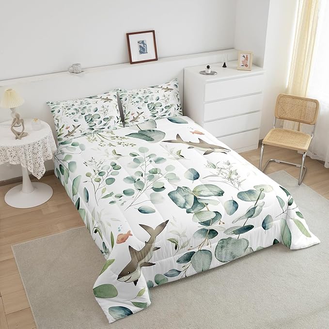 Erosebridal Girls Kawaii Animal Bedding Toddler Size Cute Shark Comforter Set, Cartoon Wildlife Duvet Insert Green Leaf Quilt Comforter, Spring Plant Bedding Comforters & Sets Child Kids Bedroom Decor