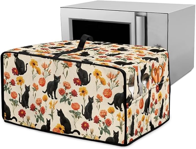 Black Cat Rose Daisy Floral Print Microwave Oven Cover with Storage Pockets Toaster Oven Dust Cover Universal Dustproof Kitchen Appliance Protector Suitable for Most Microwave Ovens, L