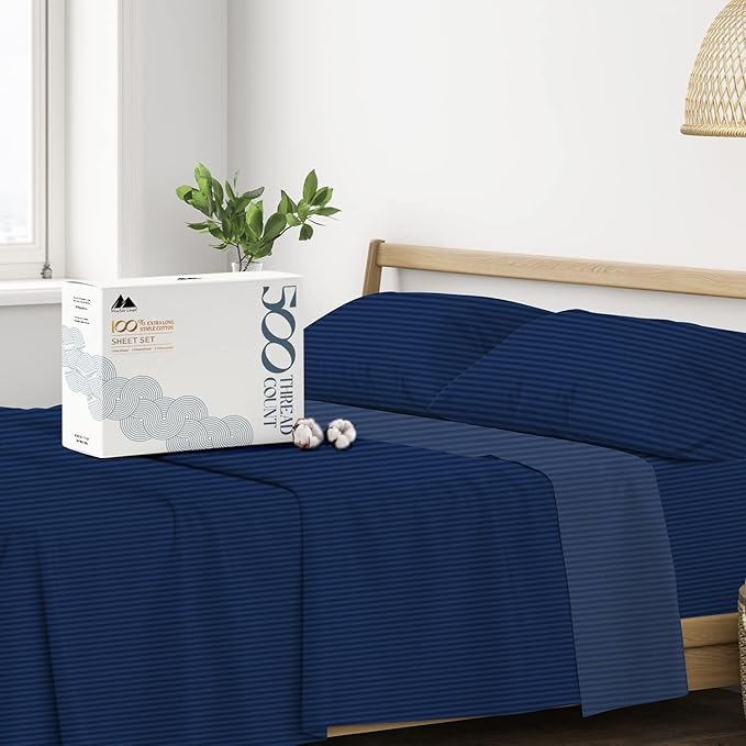Mayfair Linen 100% Cotton Striped Sheets Twin Size Bed Set - 500 Thread Count Damask Sheets Twin Size 3 PC Set (Navy Blue Stripe), Soft, Cooling, Sateen Hotel-Quality 16" Deep Pocket Cotton Bedsheet