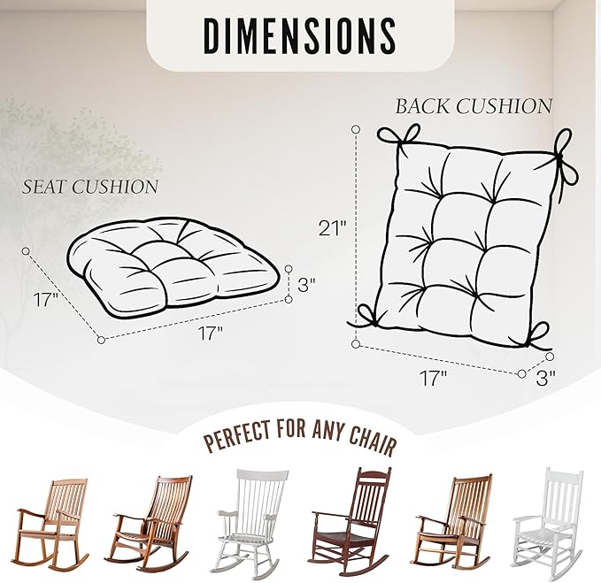 Klear Vu Omega Non-Slip Rocking Chair Cushion, Assembled in USA, Thick Tufted Design, Includes Seat Pad & Back Pillow with Ties, 17x17 Inches, 2-Piece Set, Solid Ivory