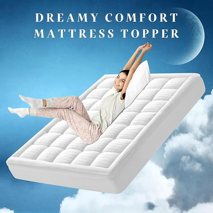 Ultra Soft Cotton Pillow Top Thick Mattress Topper Queen Size for Back Pain Relief - Breathable Cotton Mattress Pad - 8-22" Unique Design Deep Skirt (60 x 80 Inches, White)