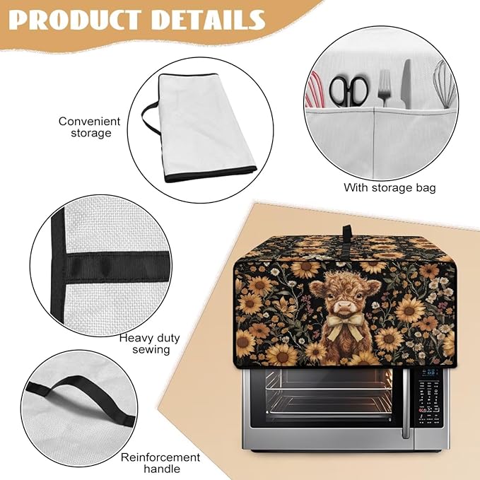 Cute Highland Cattle Print Toaster Oven Cover Heavy Duty Microwave Oven Dust Cover Sunflower Daisy Print Dust-Proof Universal Kitchen Machine Covers Suitable for Most Microwave Ovens, L