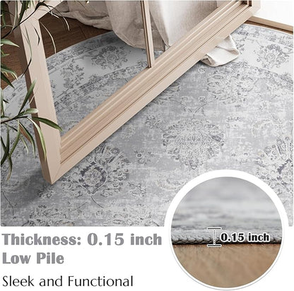 jinchan Fiora Round Rug 5ft Area Rugs Vintage Floral Distressed Design - Machine Washable Non-Slip Low-Pile Ultra-Thin Circle Rug for Entryway Bedside Living Room Dining Room Bedroom (5' Round, Grey)
