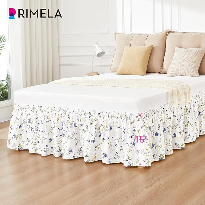 RIMELA Sweet Blueberry Bed Skirt Queen Size 15 Inch Drop, Elastic Bed Skirting for Bed Frame, Bedding Dust Ruffle Easy to Install, Lightweight Wrap Around Adjustable Bedskirt,Bedroom Decor
