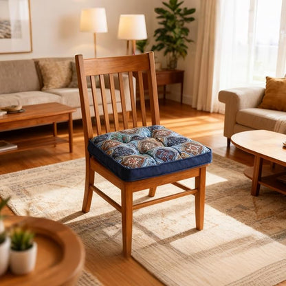 Bohemian Square Seat Cushions for Kitchen Dining Living Tea Room,16.5" x 16.5" Printing Velvet Chair Pads with Non-Slip Ties, 4Packs, Blue