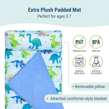 Wildkin Kids Original Nap Mat – Cozy Kids Sleep Mat with Pillow, Ideal for School & Travel - Dinosaur Land