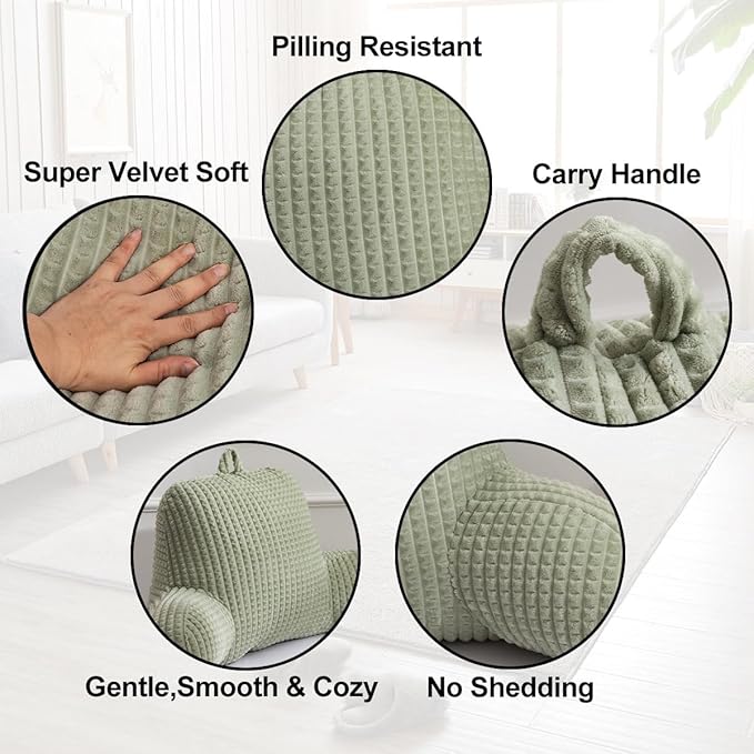 Holawakaka Reading Pillow for Bed and Sofa Couch Sitting Up, Backrest Pillows with Arms for Kids Teens Adults, Back Support Cushion for Lounging, Watching TV, Working on Laptop, Green