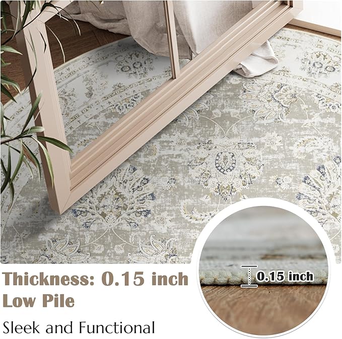 jinchan Fiora Round Rug 8ft Area Rugs - Vintage Floral Distressed Design Machine Washable Non-Slip Low-Pile Ultra-Thin Circle Rug for Living Room Dining Room Bedroom Farmhouse (8' Round, Taupe)
