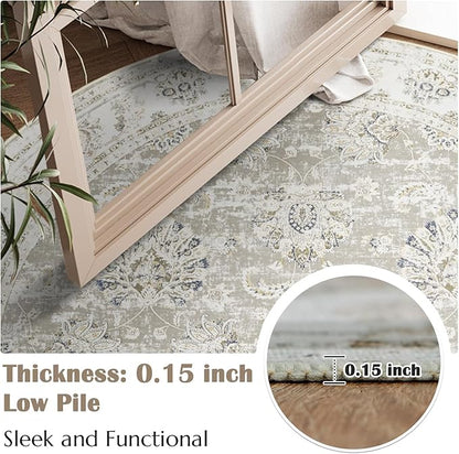jinchan Round Rug 5ft Area Rugs Vintage Floral Distressed Design - Machine Washable Non-Slip Low-Pile Ultra-Thin Circle Rug for Entryway Bedside Living Room Dining Room Bedroom (5' Round,Taupe)