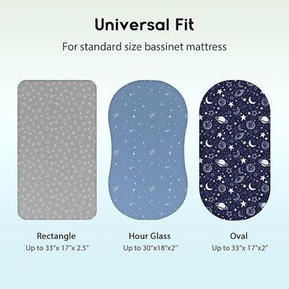 Baby Bassinet Sheets Girl Boy, Fitted Bassinet Sheet Set 3 Pack Bassinet Mattress Sheets Universal Fit for Rectangle, Round, Oval, Hourglass Mattress, Soft Breathable Blue Gray Planet