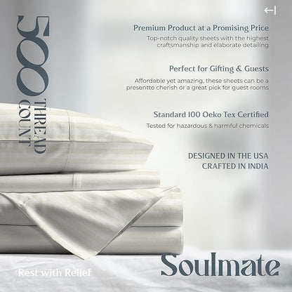 Mayfair Linen 100% Cotton Striped Sheets King Size Bed Set - 500 Thread Count Damask Sheets King Size 4 PC Set (Beige Stripe), Soft, Cooling, Sateen Weave Hotel-Quality 16" Deep Pocket Bedsheet
