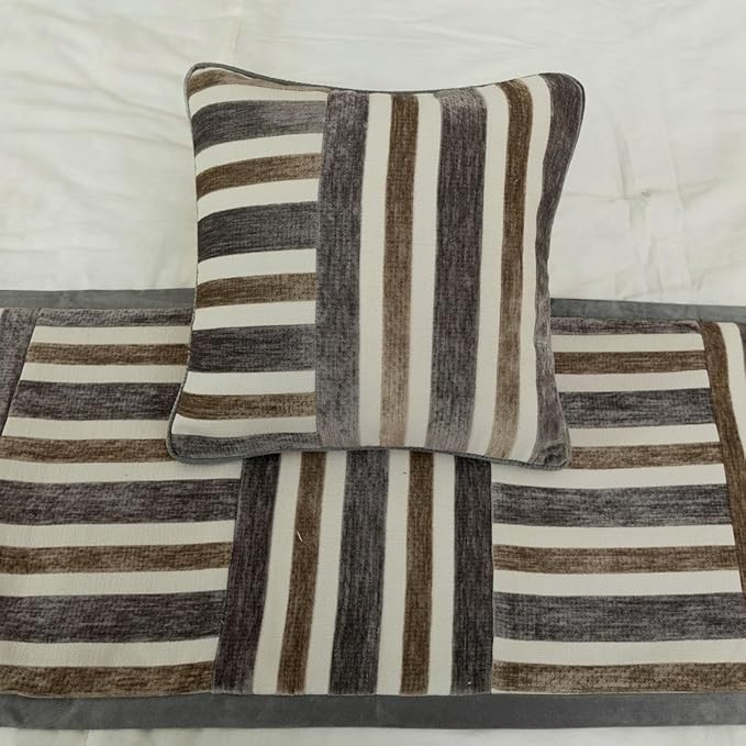 The HomeCentric King/Queen/Twin Beige & Grey Decorative CA King 86"x18" Bed Runner with Pillow Cover, Patchwork Bed Scarf on Velvet Fabric - Striation