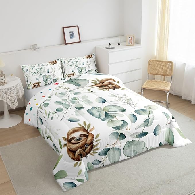 Erosebridal Girls Kawaii Animal King Size Comforter Set Cute Sloth Bedding Set, Cartoon Wildlife Down Comforter Green Leaf Bed Set, Spring Garden Plant Quilted Duvet Child Kids Bedroom Decor