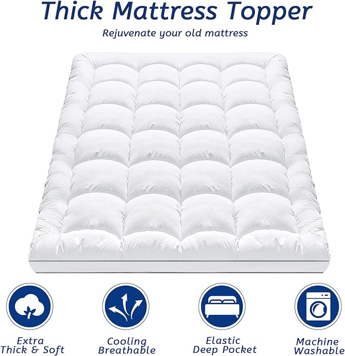 Twin Size Mattress Topper for Back Pain, Cooling Extra Thick Mattress Pad Cover with 8-21 inch Deep Pocket, Plush Pillow Top Mattress Topper Overfilled with Down Alternative, Twin Size, White