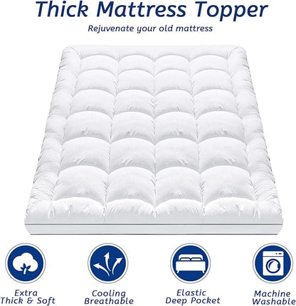 Full XL Size Mattress Topper for Back Pain, Cooling Extra Thick Mattress Pad Cover with 8-21 inch Deep Pocket, Plush Pillow Top Mattress Topper Overfilled with Down Alternative, Full Extra Long, White
