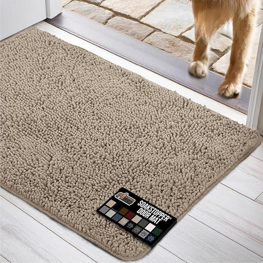 GORILLA GRIP SOAKSTOPPER Dog Door Mat, Machine Washable Rug Absorbent Doormat Captures Moisture Mud Dirt, Quick Dry Soft Chenille Entryway Rugs Indoor Entrance Mats for Dog Paws, 24x17 Beige