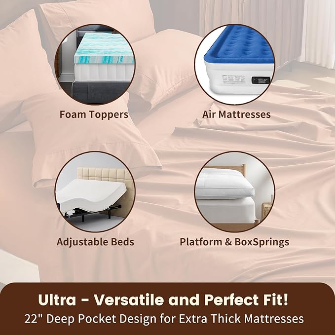 100% Linen Sheet Set Queen Size Extra Deep Pocket Fits 18-24 Inch Mattress, Breathable & Soft, Smooth 6-Piece Set for Thick Mattresses Hotel Luxury Bedding（Queen, Brown）