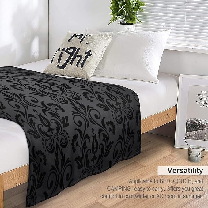 Black Damask Blanket, Antique Victorian Style Gothic Vintage Black Floral Bohemian Exotic Print Blanket for Sofa Bed Decor Fuzzy Blanket Twin, 50"x60"
