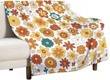 Vintage Hippie Floral Blanket, 70s Boho Abstract Yellow Orange Flowers Funny Print Throw Blanket for Holiday Theme Home Decor Bedding Couch 30"x40"