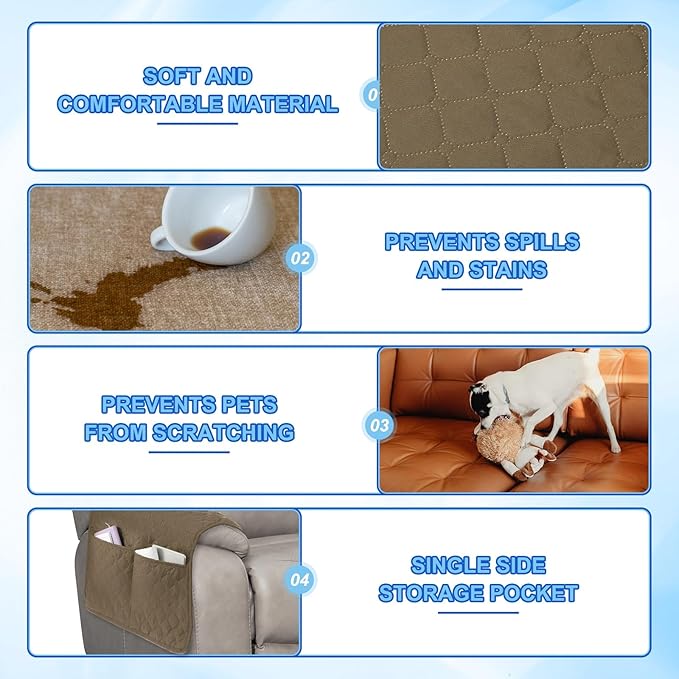 uxcell 3 PCS Armrest Covers, Couch Arm Cover Furniture Protect Slide Recliner Chair Armchair Covers with Side Storage Pocket for Sofa Recliner, Camel