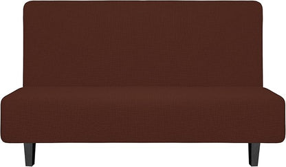 Easy-Going Stretch Futon Sofa Slipcover Armless Sofa Bed Cover Furniture Protector Without Armrests with Elastic Bottom for Kids,Soft Jacquard Small Checks（Medium Futon,Coffee