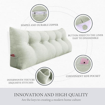 Wedge Headboard Pillow Dorm Room Reading Pillow Back Support for Sitting Up in Bed Bolster Lumbar Cushion Body Positioning Bedrest Cotton Linen 39in Grey-Beige Twin