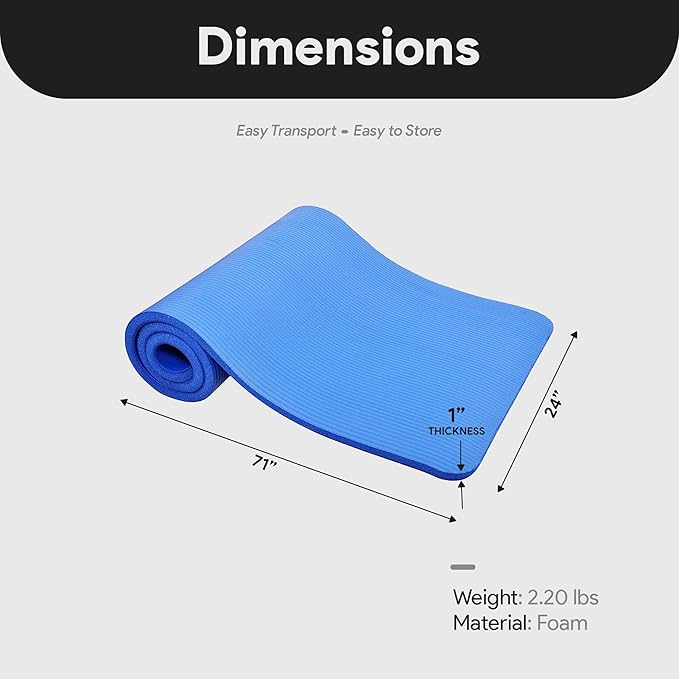 BalanceFrom GoCloud 71x24 Inches Extra Thick Yoga Mat 1-Inch High-Density Foam – Roll-Up Exercise Pad with Double-Sided Non-Slip Surface and Carrying Strap for Pilates and Home Workouts